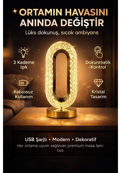 Dokunmatik Şarjlı 3 Kademeli Işıklı Kristal Led Masa Lambası, Altın, 12 X 24 Cm Çok Renkli