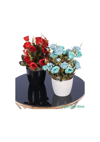 Yapay Çiçek Sitesi Plastik Saksıda Yapay Çalı Gülü Tanzimi 2'li Set 30 Cm Kırmızı - Turkuaz