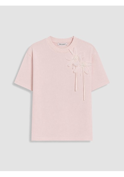 Lcw Modest Pembe Bisiklet Yaka Çiçek Aplikeli Kadın Tişört