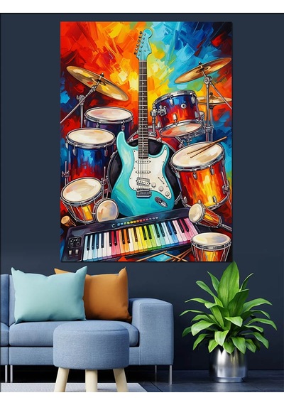 Ahşap Tablo Renkli Bateri Ve Gitar