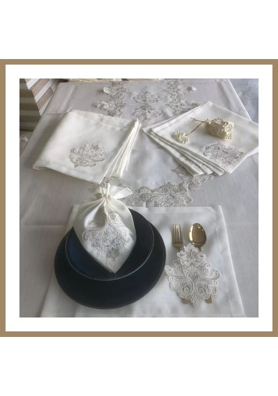 Kahveci.store Sofra Takımı Mimoza Gardenya Keten Yemek Takımı 160x220 Masa Seti 26 Parça Runner Set Kreme Gold 22 Altın