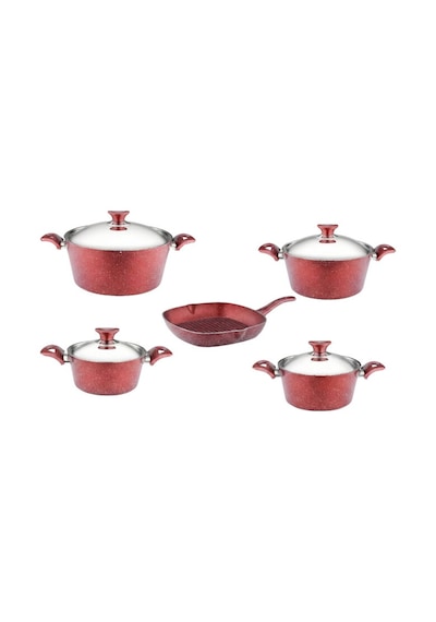 9 Parça Granit Set Çelik Kapak - Kırmızı Kırmızı
