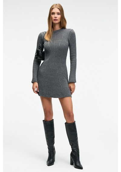 Grımelange ENCANTO Kadın Yuvarlak Yaka Çizgi Desenli Slim Fit Antrasit Elbise