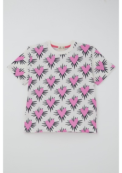 Paty Kıds Breeze Kız Çocuk Pijama Takımı Kısa Kollu Kalp Desenli 8-12 Yaş, Ekru