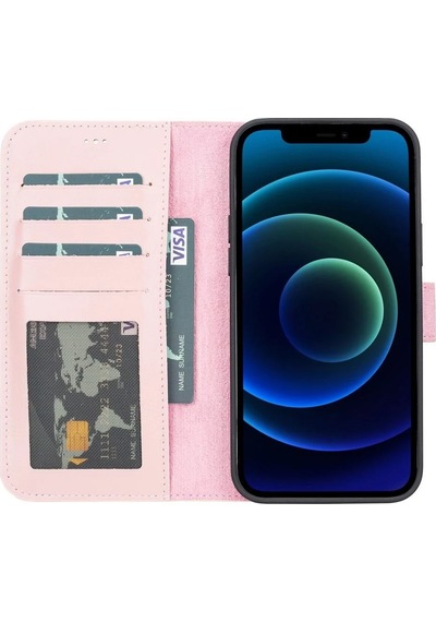 Apple Uyumlu  iPhone 13 Pro Max Deri Cüzdanlı Kılıf Nu2 Pembe