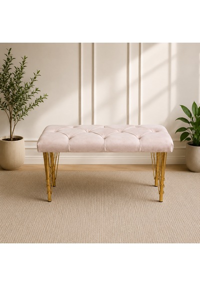 90cm Yeni Nesil Metal Gold Ayaklı Çok Amaçlı Puf Bench Krem