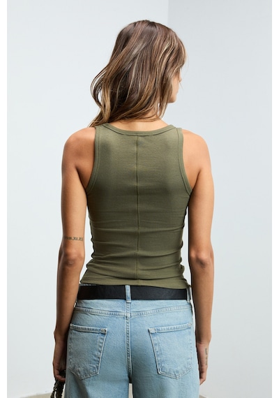 ETHIQUET I ESO Kadın Fitilli Görünümlü Slim Fit Vücuda Oturan Havuz Yakalı Pamuklu Basic Haki Bluz Atlet