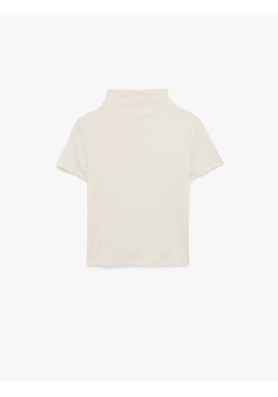 Koton Modal Karışımlı Slim Fit Drape Detaylı Dik Yaka Kısa Kollu Tişört Ekru 6sak70014ek