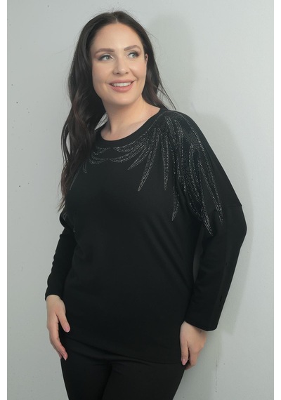 By Saygı Kadın Taşlı Kanat Model Likralı Çilek Büyük Beden Bluz-40371 Siyah