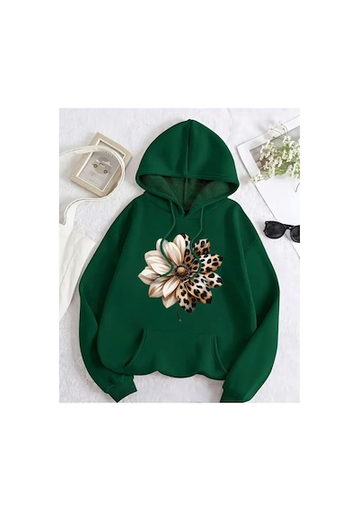 Herkesemoda Leopar Desenli Çiçek Baskı Detaylı İçi Polarlı Kapüşonlu Sweatshirt Yeşil