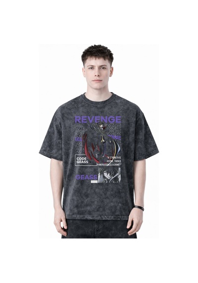 Sevbano Revenge Code Geass Anime Baskılı Unisex Oversize Eskitme Yıkamalı Siyah