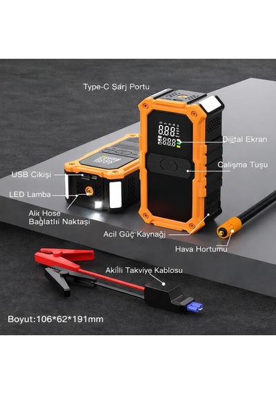 Akü Takviye Hava Kompresörü 150 Psı 24000 Mah 2000 Amper Taşınabilir Araç Lastik Şişirme Pompası Powerbank Led