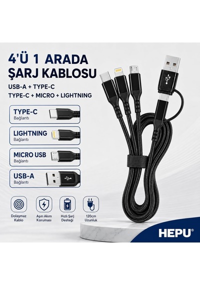 Hp-13 3in1 Çoklu Hızlı Şarj Kablosu Lightning Type-c & Micro Usb Çıkışlı Örgülü Kumaş Kablo Ev Araç Ve Ofis Uyumlu 1.2 Metre