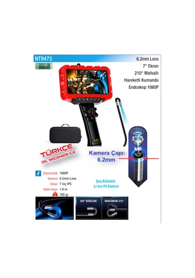 Nttools 6.2mm Lens 7inç Ekran 180 Endoskop 1080p