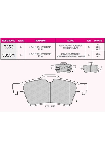 Beser Arka Fren Balatası Laguna Iı Iıı Vectra C C Max Focus Iı 04 / Focus Iı C Max 03 07 Connect AOD-BESER 3853
