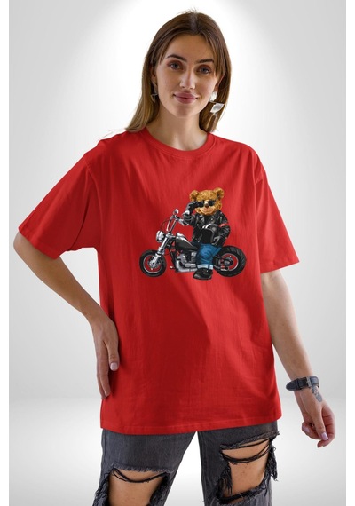 Kask Güneş Gözlüğü Motor Ayı Pamuklu Bisiklet Yaka Unisex Oversize Boyfriend Dijital Baskılı Kırmızı T-shirt Kırmızı