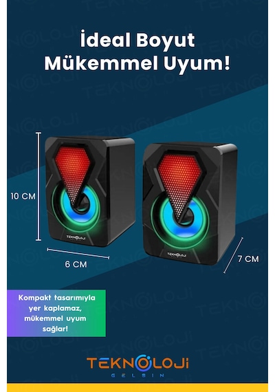 Bilgisayar Hoparlörü Led Işıklı Rgb Laptop Pc Uyumlu 1+1 Speaker