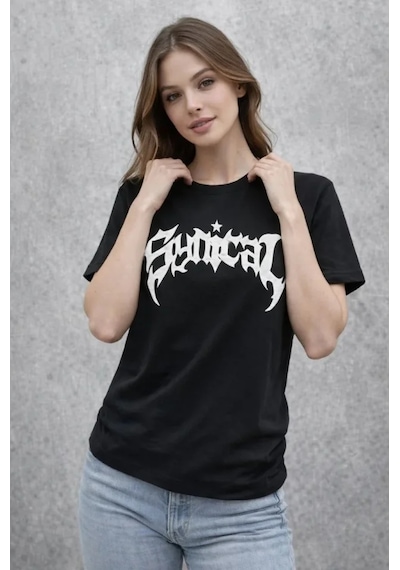 De'charme Bisiklet Yaka Ön Baskılı Kısa Kollu Tişört Streetwear Günlük Basic Pamuklu T-shirt - Siyah
