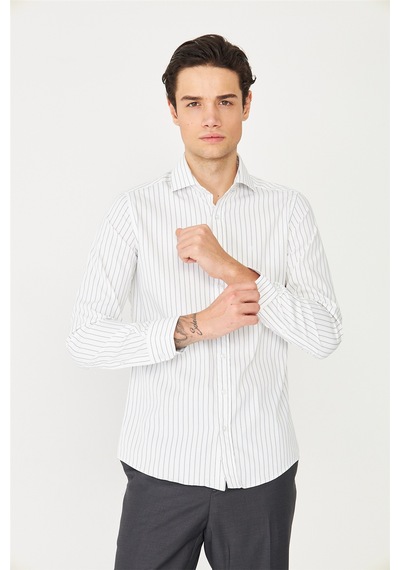 Lacivert İnce Çizgili Uzun Kollu Gömlek Slim Fit Beyaz - Lacivert