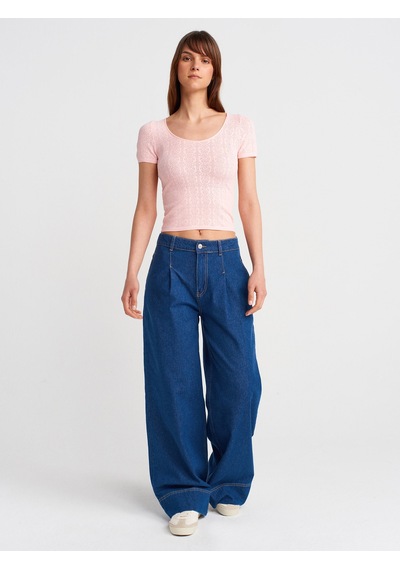 Dilvin 10755 Kısa Kollu Dantel Dokulu İnce Triko Bluz-pembe Pembe