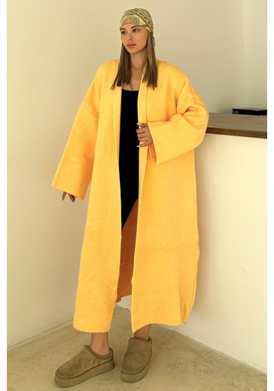 Olcay Oversize Kalın Triko Uzun Hırka Sarı 8274