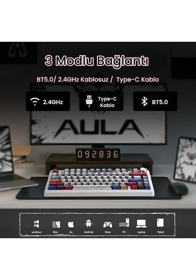 F75 Mekanik Rgb Tkl Graywood V4 Switch Kablosuz Makrolu Hot Swap Türkçe Q Klavye Comic