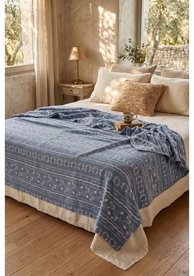 Cotton Collection Tek Kişilik Pike Blue Cottage 160x230 Mavi-beyaz