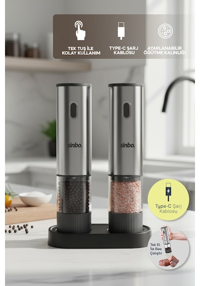 Sinbo Shb-7521 Otomatik Tuz Ve Karabiber Öğütücü Seti Standlı Type-c Şarjlı Ayarlanabilir Öğütme Inox