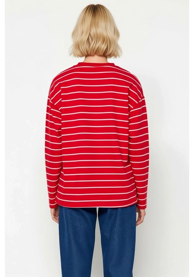 Benerly Kadın Bisiklet Yaka Düşük Kol Çizgili Örme Geniş Kesim Sweatshirt Kırmızı