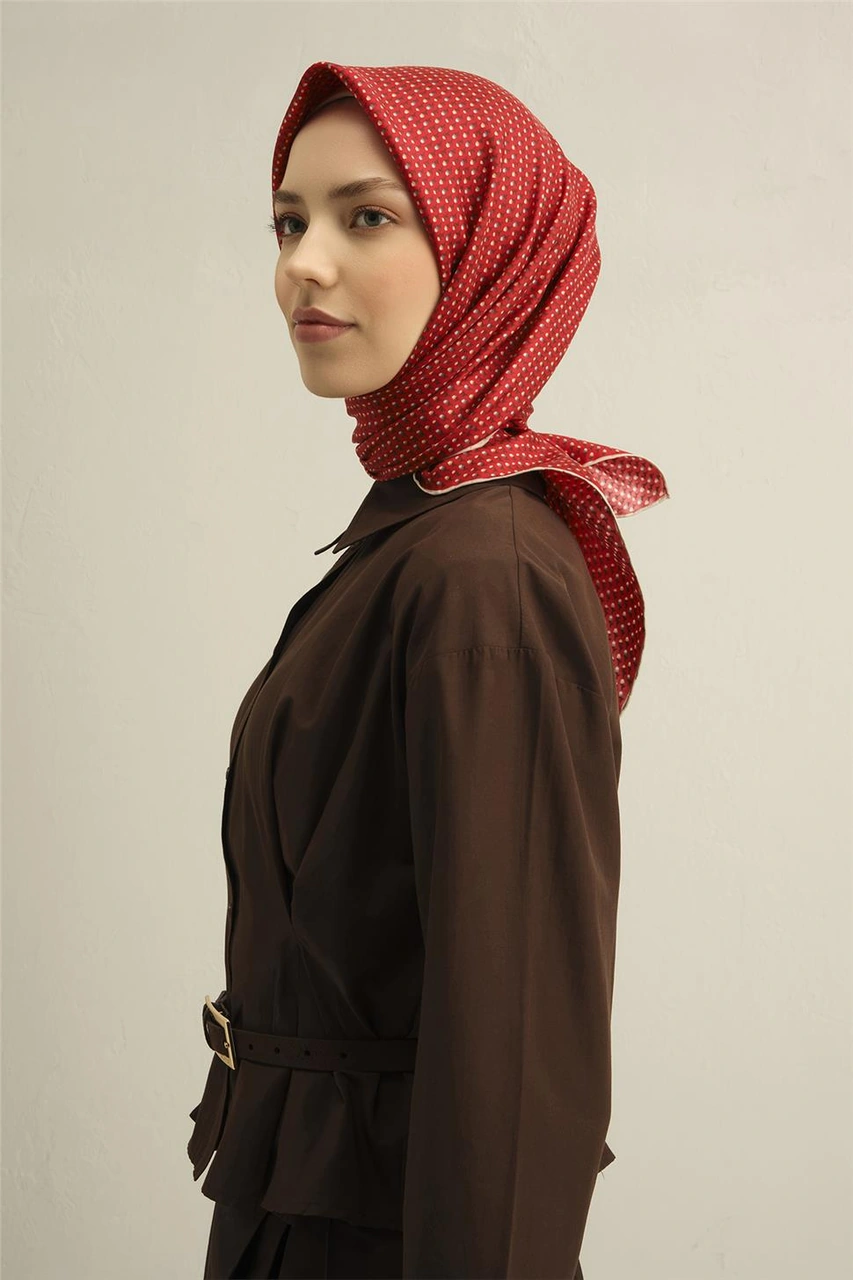 Armine Çiçek Desenli Saf İpek Twill Eşarp 9307d 36 Kırmızı