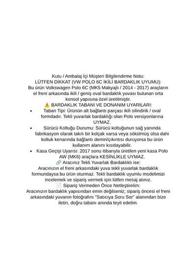 Volkswagen Vw Polo 6c Mk5 2014 2015 2016 2017 Ikili Bardaklik Uyumlu Araca Ozel Kolcak Kol Dayama Orta Konsol Siyah