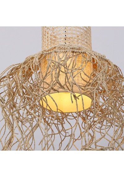 Bohem Etnik Doğal Hasır Doğal Rafya Bambu & Rattan Handmade Dekoratif Sarkıt Saçaklı Avize 40x60cm-9096412593538 Bej