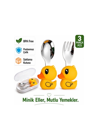 Jojobebek Kaşık Çatal Seti, Ergonomik Kısa Saplı Silikon, Paslanmaz Çelik Uçlu, Saklama Kutulu, (9-24 Ay)  (Sarı Renk) Sarı