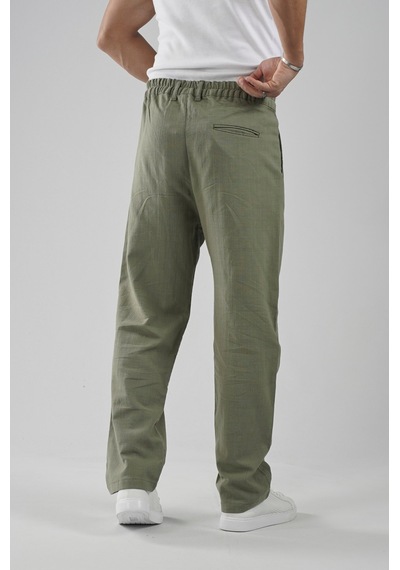 Baggy Fit Kalıp Pamuklu Keten Pantolon Haki