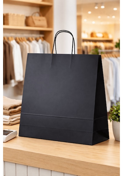 Elit Burgu Saplı Kraft Çanta Mavi Fsc Sertifikalı Kağıt Poşet Butik Hediye Torbası 36x12x41 Cm 25li