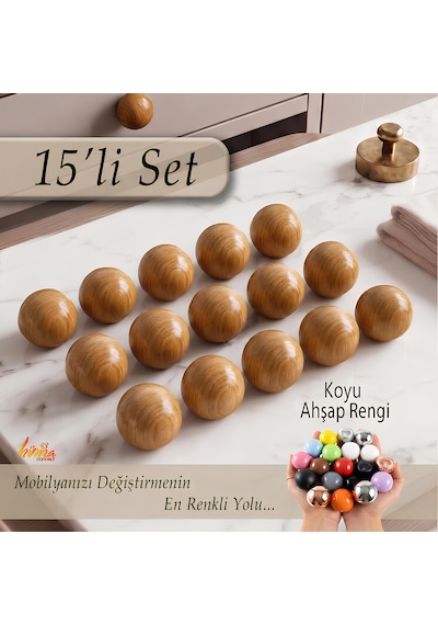 15 Adet Sert Plastik Düğme Yuvarlak Top Koyu Ahşap Rengi Dolap Mobilya Mutfak Dolabı Çekmece Kulbu Kulpu Kulplar