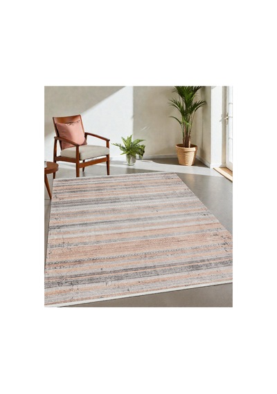 Outdoor & Indoor Kilim Bej Gri Çizgili Minimal Tasarım Kaymaz Taban Bej Bej