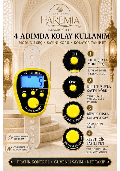 Kilit Özellikli Ledli Zikirmatik 4 Modlu Dijital Zikirmatik Işıklı Sayaç Tesbih Sarı
