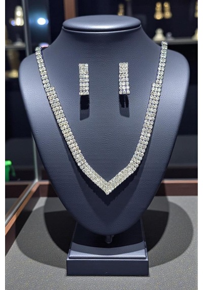 Valmont Accessories Işıltılı V Su Yolu Kolye Ve Küpe Takı Seti - Düğün, Kına, Nişan, Gelin Aksesuarı Gümüş