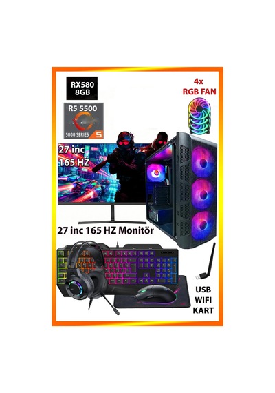Comloji CMLJ27 R5-5500 16 GB 512 GB SSD RX580 27" Free Dos Masaüstü Oyuncu Bilgisayarı