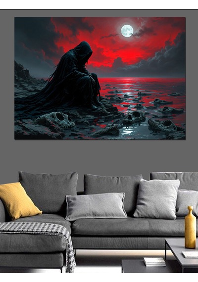 Kırmızı Ay Ve Karanlık Figür Dekoratif Kanvas - Mdf Ahşap Tablo