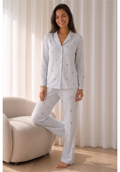 Womanandkids Mavi Kadın Desenli Basic Kış Pijama Takımı