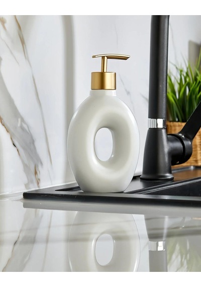 Gold Tasarımlı Lüx Porselen Banyo Ve Mutfak Sıvı Sabunluk Beyaz