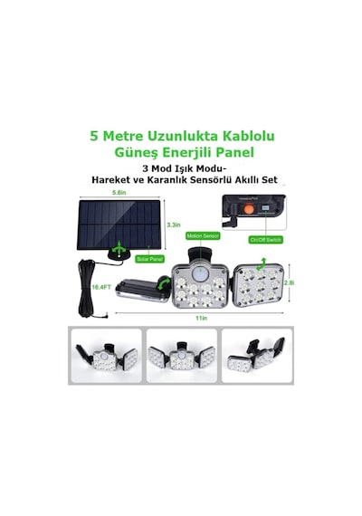 138 Led Kablolu Solar Güneş Enerjili Sokak Lambası Bahçe Lambası