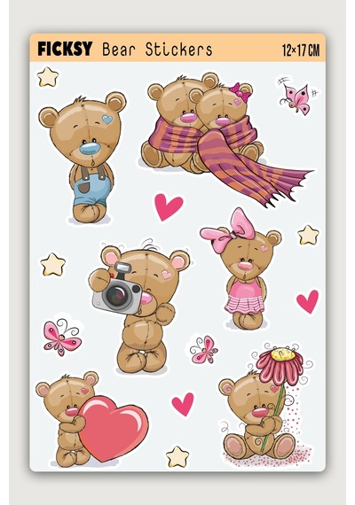 Sevimli Ayıcık Teddy Bear Sevgililer Günü Temalı Sticker Seti - 16 Adet Etiket Çıkartma Diğer