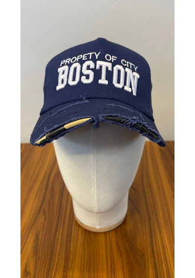 Boston Nakışlı Eskitme Vintage Model Pamuklu Cap Şapka Lacivert