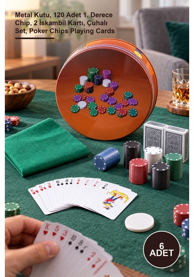 6 Adet Poker Oyunu Metal Kutu, 120 Adet 1. Derece Chip, 2 İskambil Kartı, Çuhalı Set, Poker Chips Playing Cards