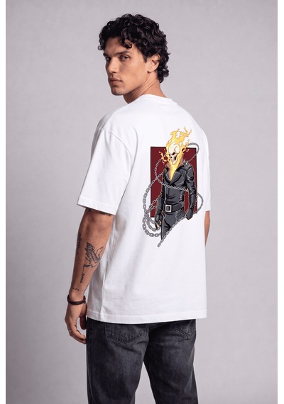 Black Nova Oversize Baskılı Unisex %100 Pamuk T-shirt Ghost Rider Beyaz