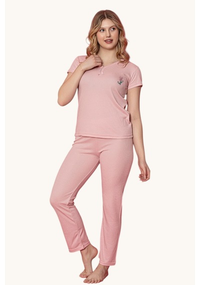 V Yaka Fiyonk Detaylı Yarım Kollu Kadın Pijama Takımı PEMBE