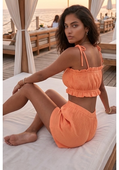 Combattente Exclusive Products Organik Pamuk Müslin Askılı Crop Şortlu Takım - Naturel Doğal-oeko Tex Sertifikalı Kumaş Açık Turuncu